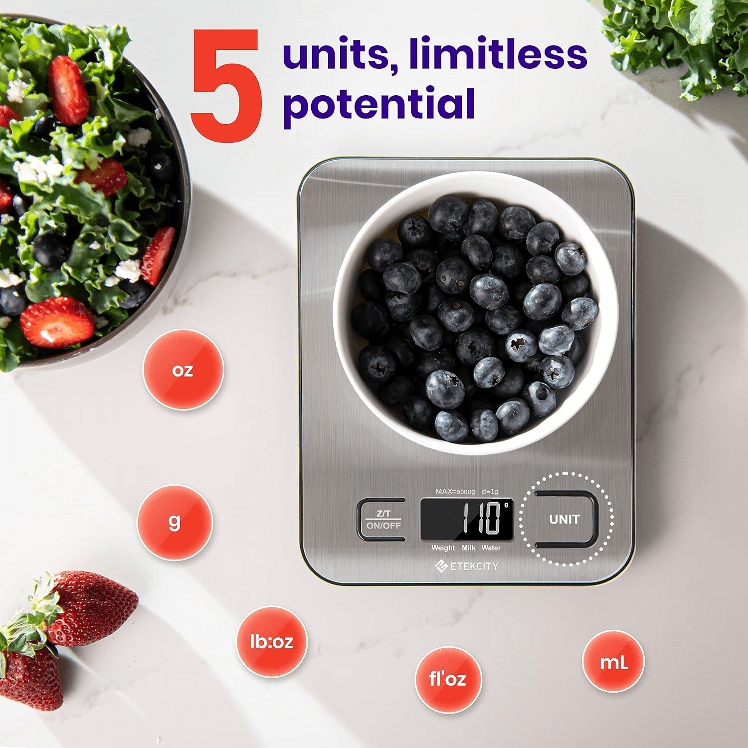Kitchen Scale, Digital Food Scale, 304 Stainless Steel, 11lb/5kg, Silver