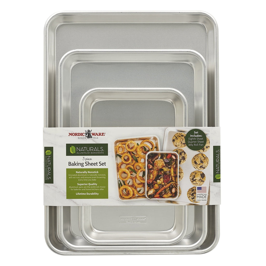 3 Piece Aluminum Bakeware Set with Jelly Roll, Quarter & Eighth Sheet Rectangular Cookie & Baking Sheet Pans