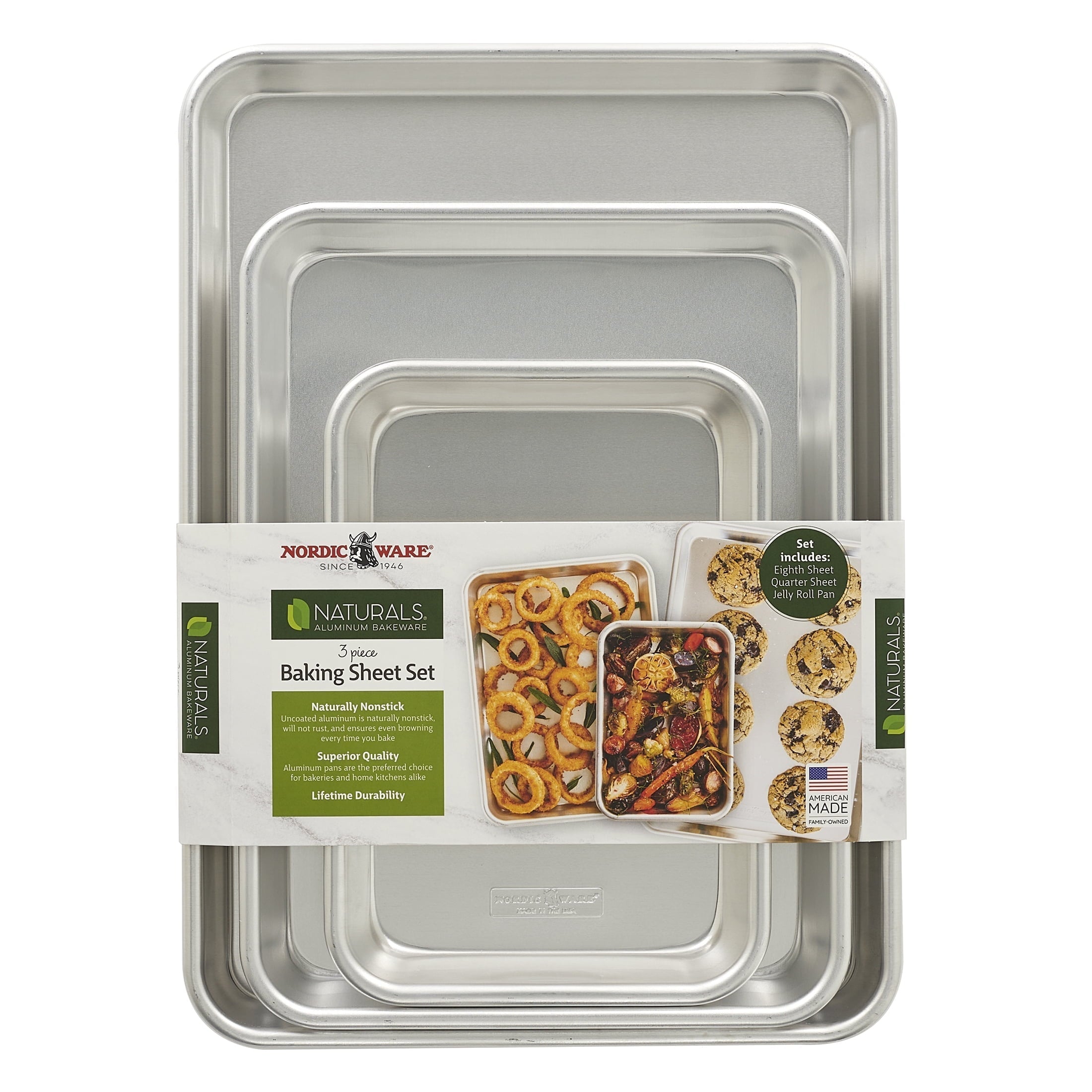 3 Piece Aluminum Bakeware Set with Jelly Roll, Quarter & Eighth Sheet Rectangular Cookie & Baking Sheet Pans