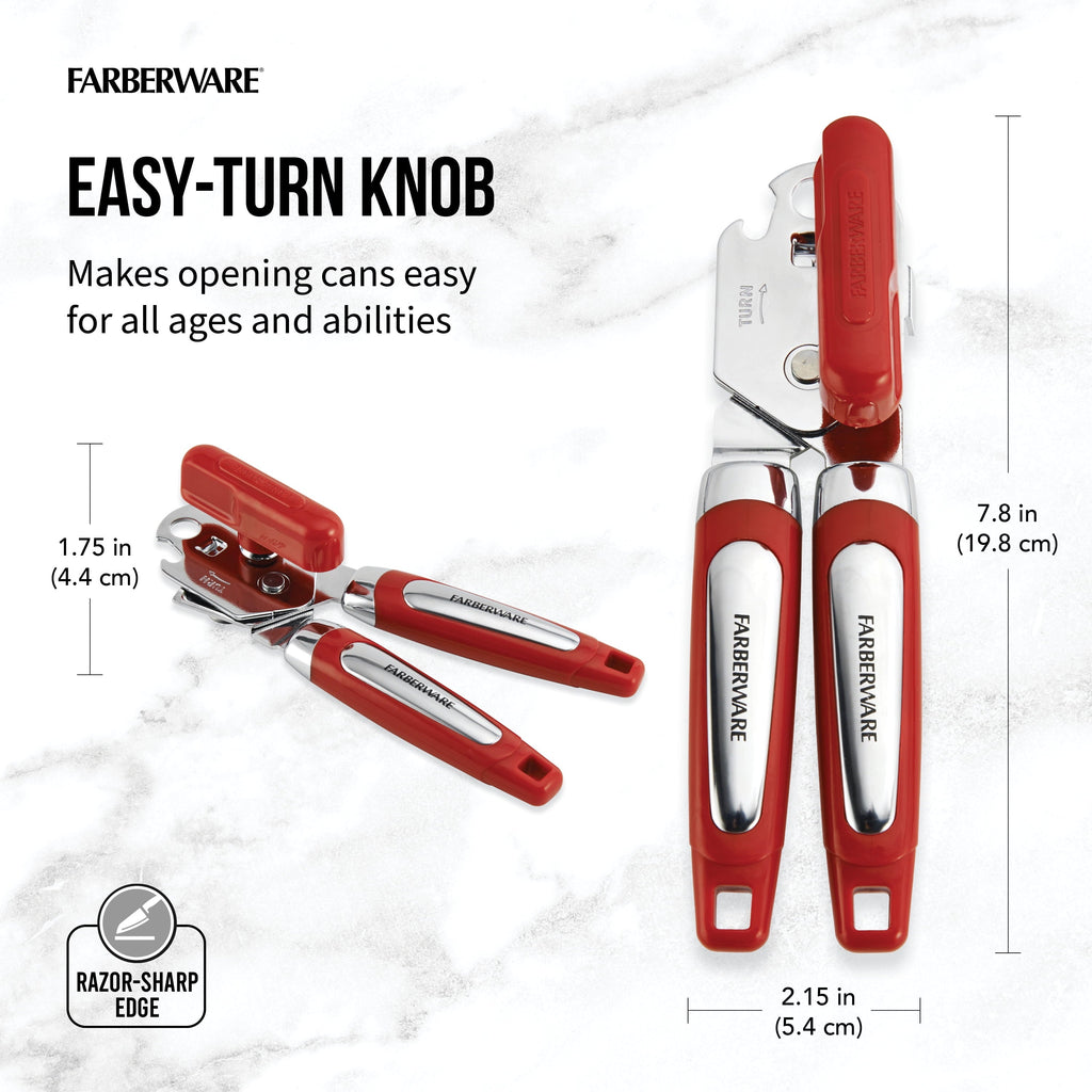 Professional Can Opener with Built-in Bottle Opener in Red