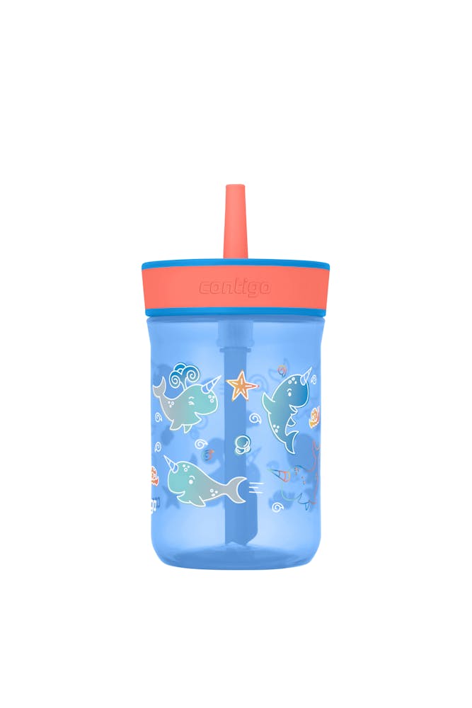 Kids’ Leighton Straw Tumbler with Spill-Proof Leak-Proof Lid, 14oz - Blue Poppy Coral & Narwhals