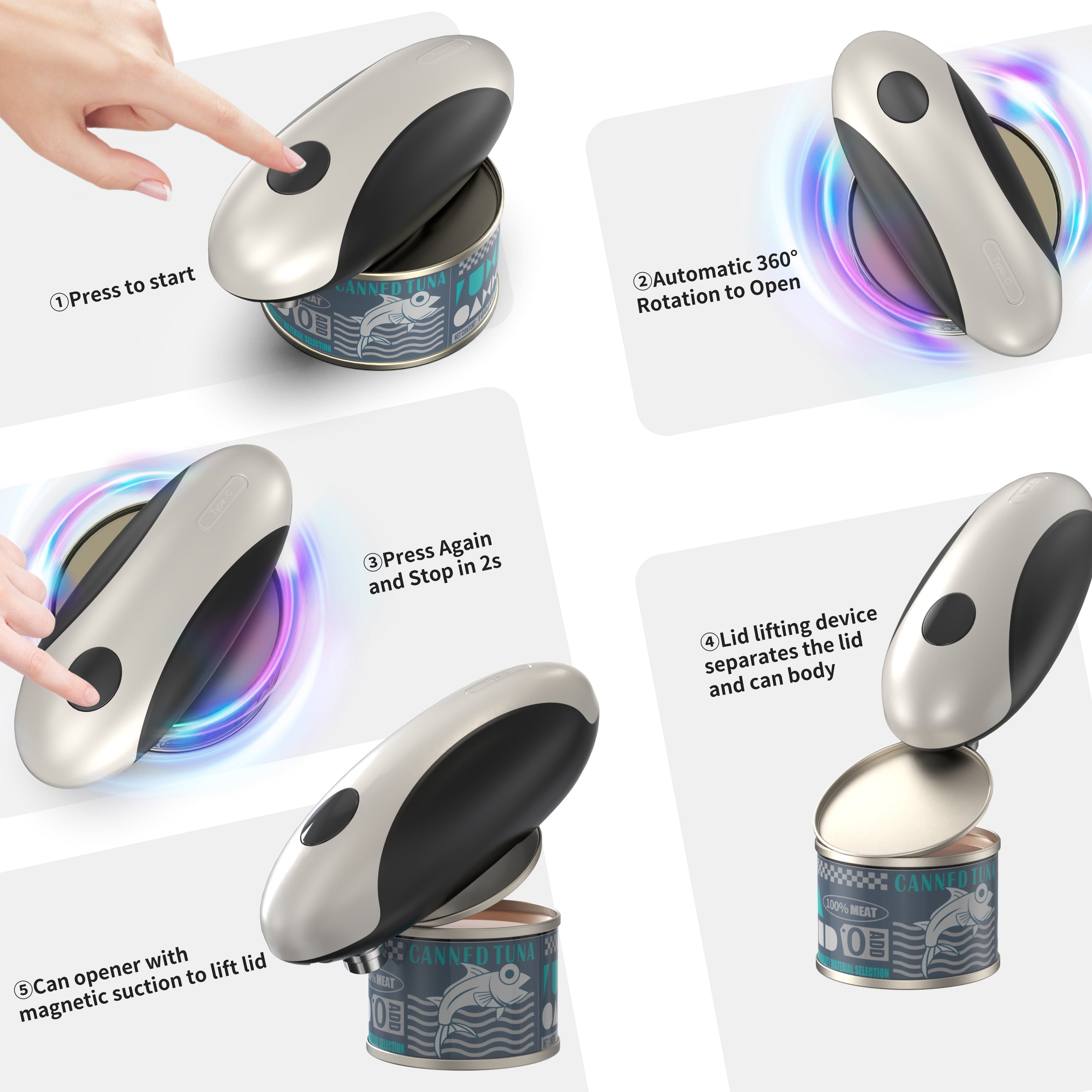 Electric Can Opener - USB Rechargeable Automatic Opener, Hands-Free Safe Design for All Can Sizes, Smooth Edge Kitche...