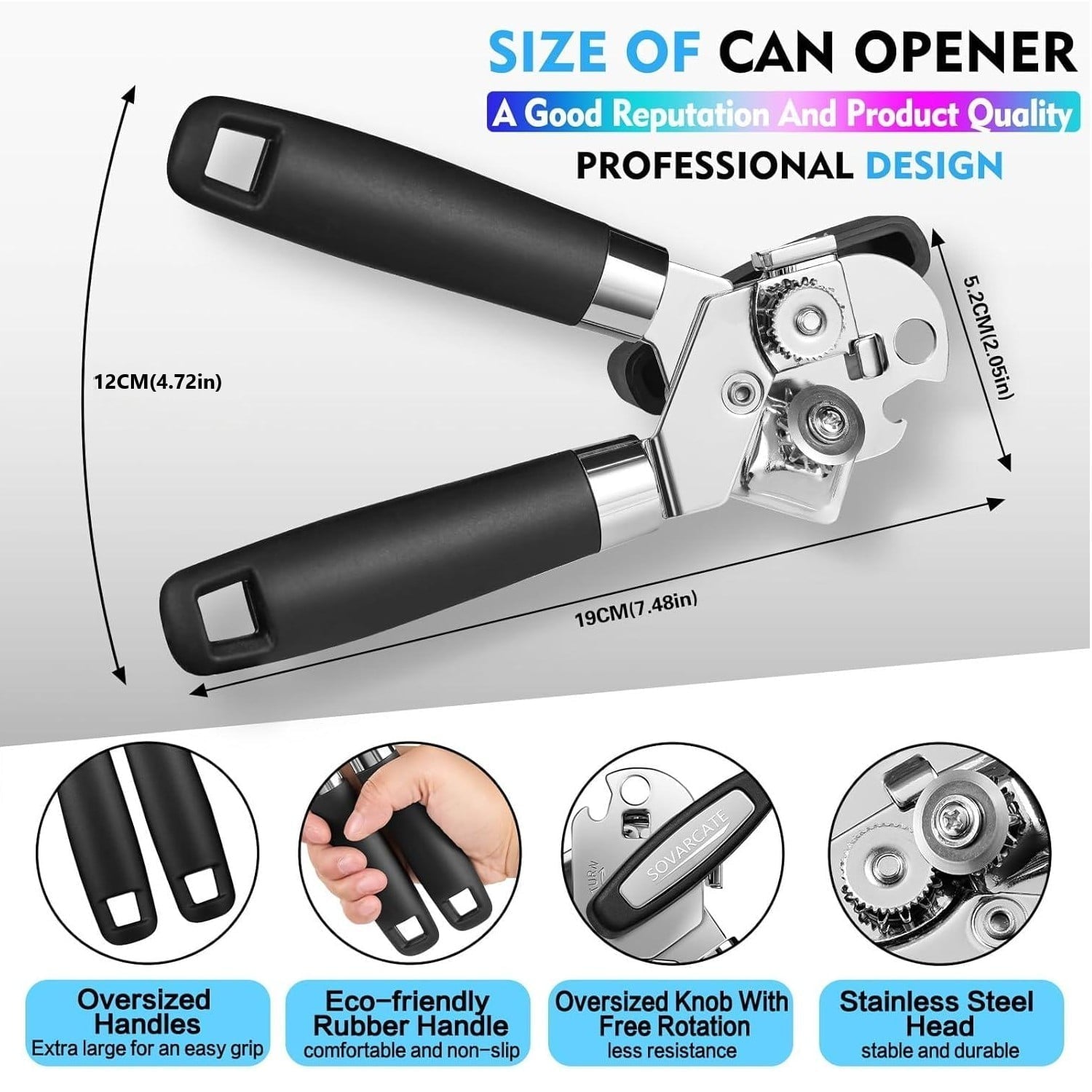 Opener with Bottle Opener, Heavy Duty Manual Opener with With Turn Knob & Soft Handle, for Kitchen Seniors Fr...