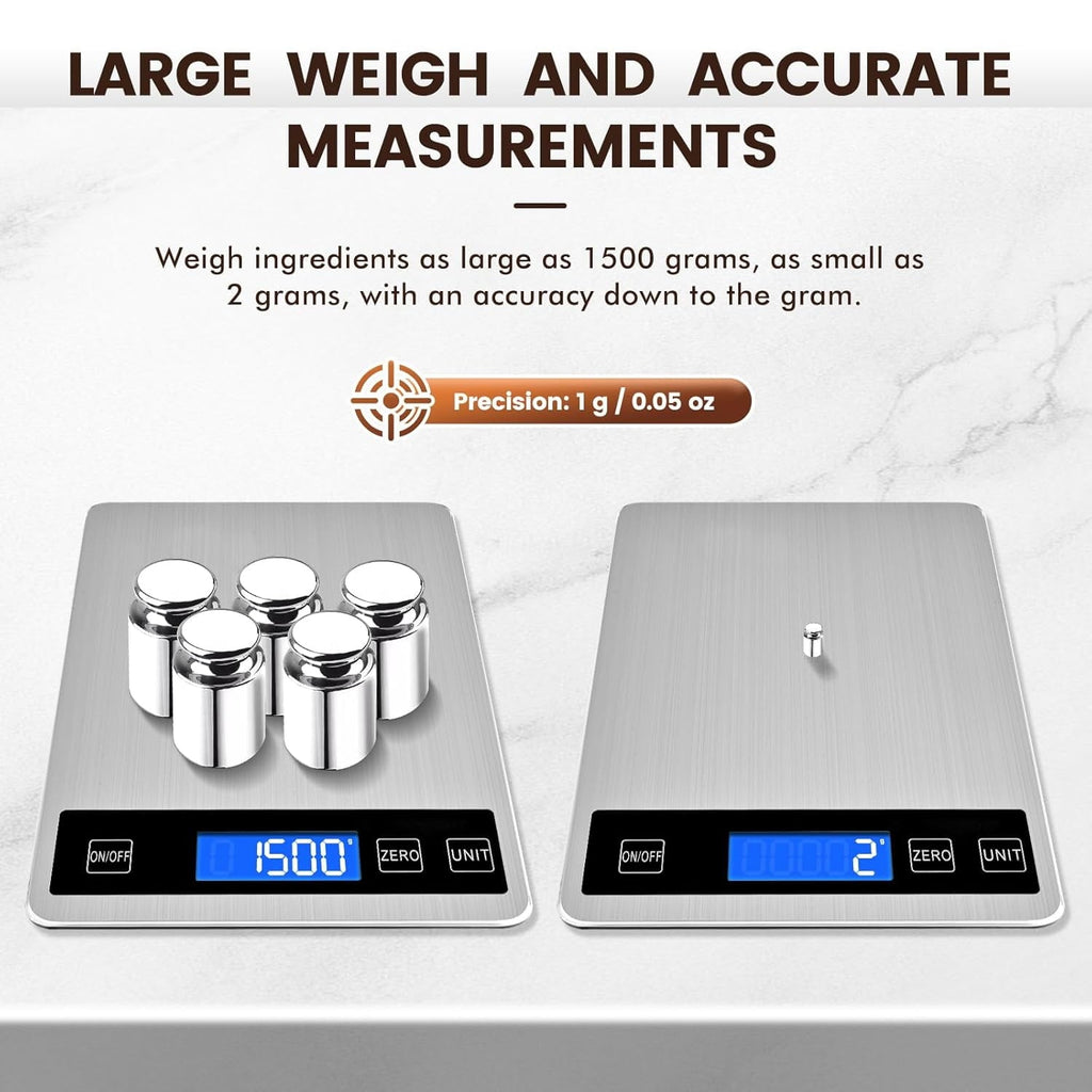 33lb Digital Kitchen Scale, 1g/0.05oz Accuracy, USB Rechargeable or Battery Powered, Waterproof Stainless Steel with ...