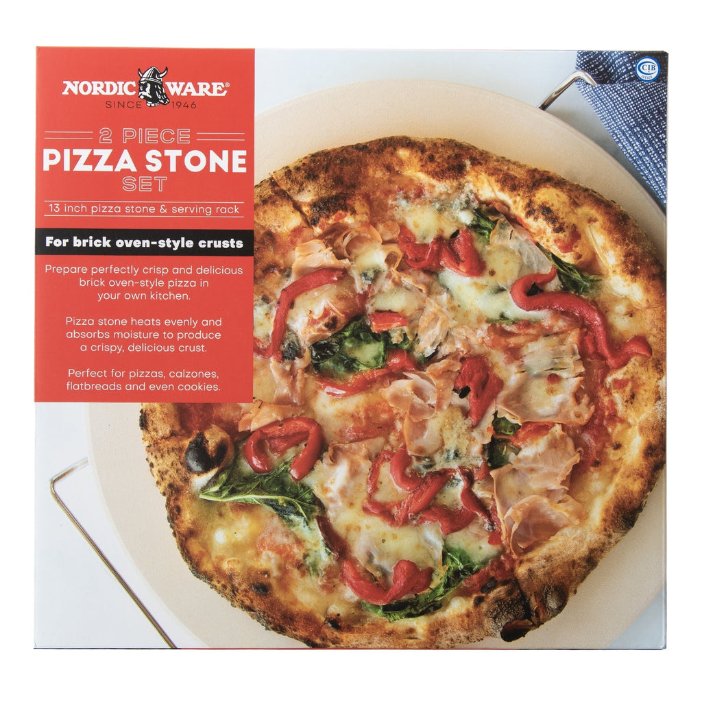 2-Piece Pizza Bakeware Set with 13" Ceramic Pizza Stone and Steel Wire Holder