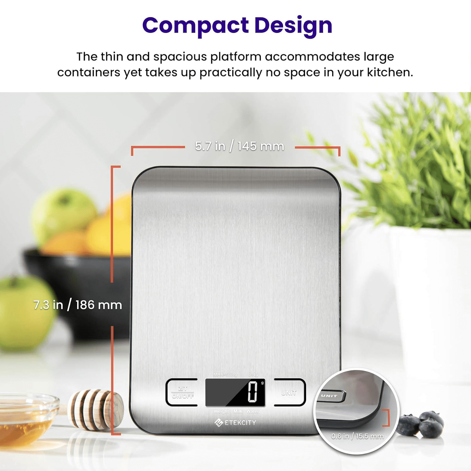 Kitchen Scale, Digital Food Scale, 304 Stainless Steel, 11lb/5kg, Silver