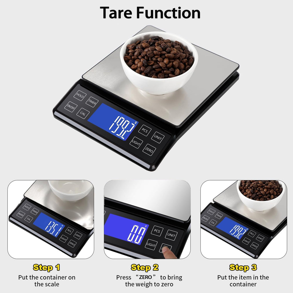 Digital Food Kitchen Scale, Gram Scale 0.1g/0.001oz Accuracy,5kg/11lb Stainless Steel with 9 Units, Tare Function& LC...