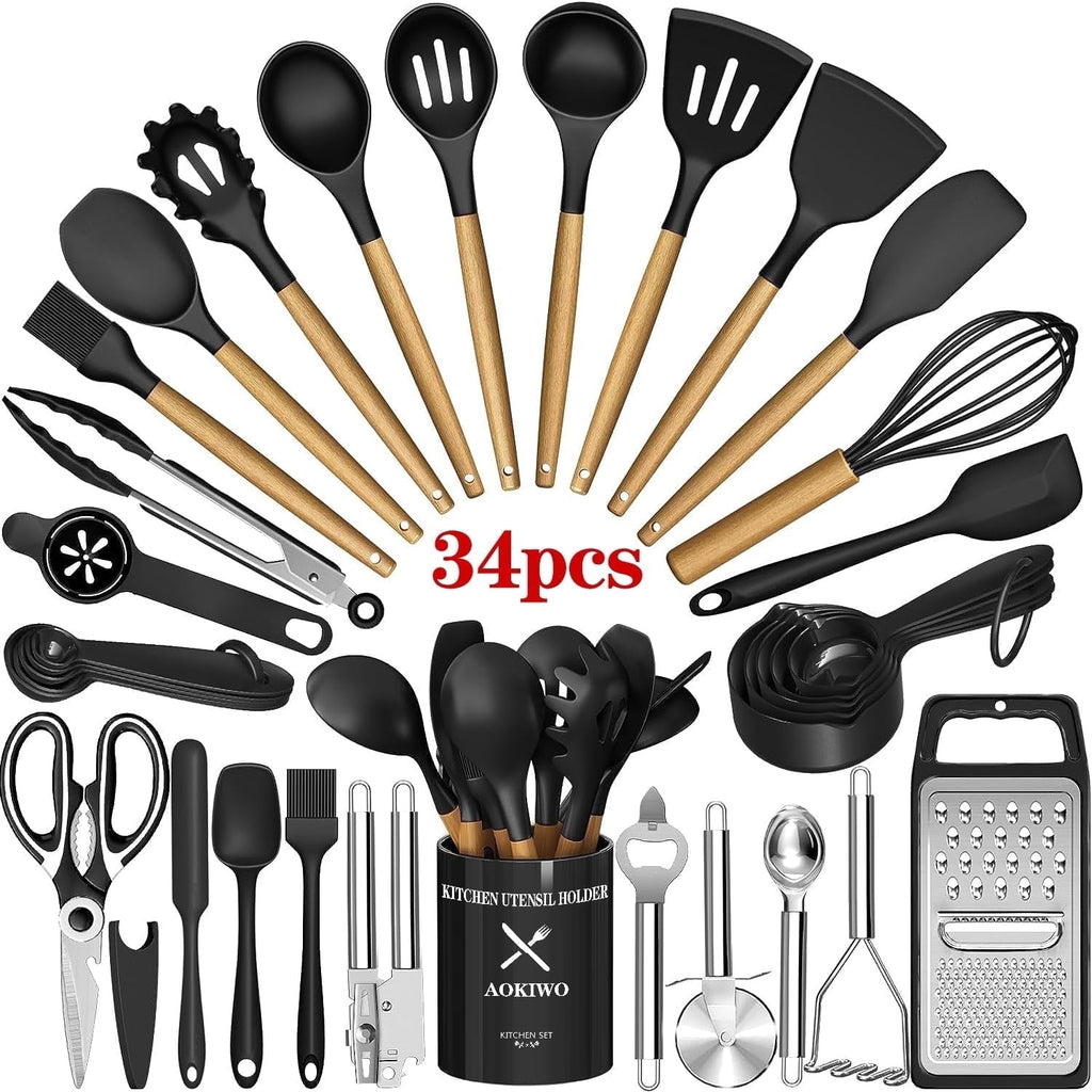 Kitchen Utensil Set, 34Pieces Silicone Cooking Utensil Set with Wooden Handle, Heat Resistant Spatula Set Gadg...