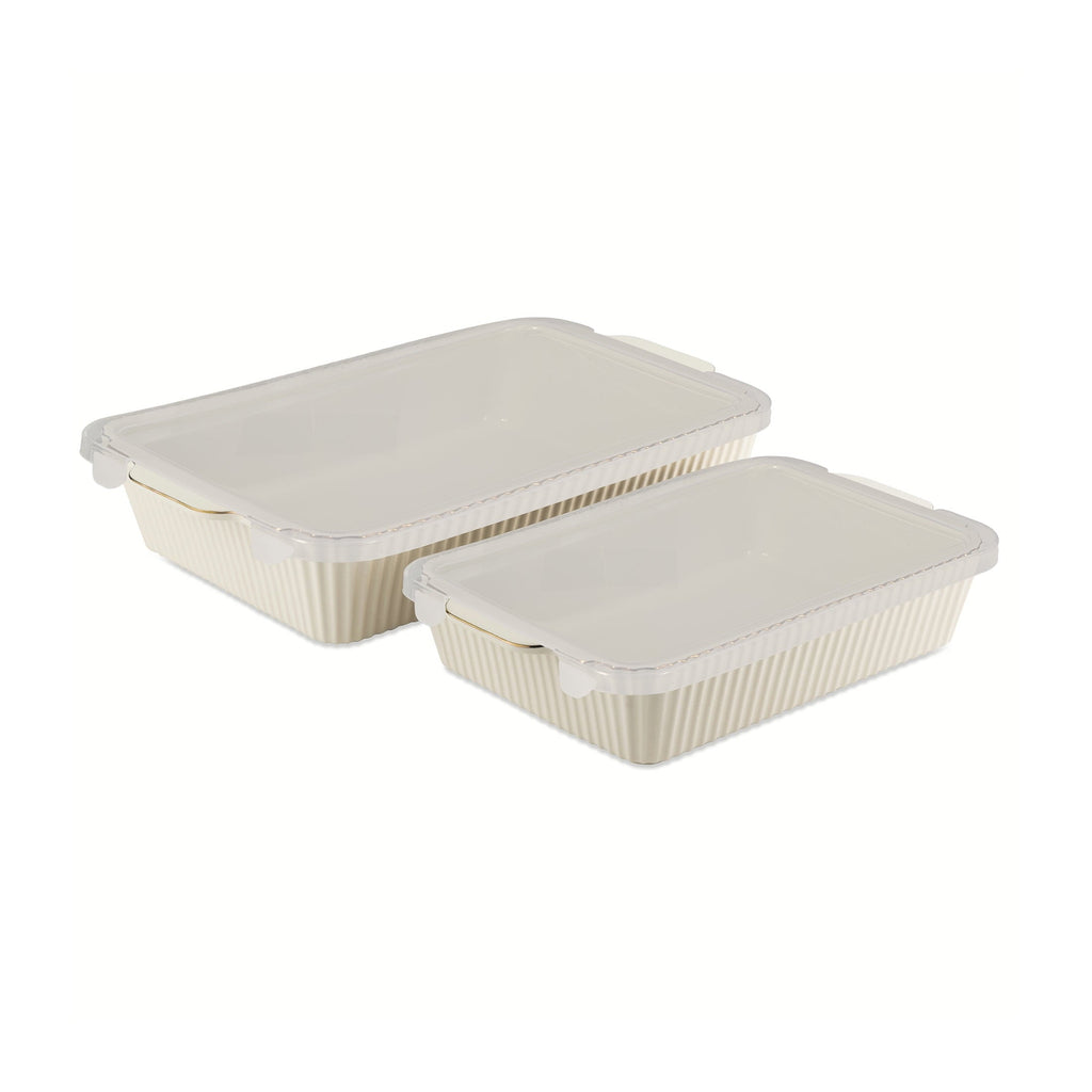 4-Piece Stoneware Casserole Dish Bakeware Set, Includes Lids, 9"x13" , 7"x10" Bakers With Lids , White Ribbed