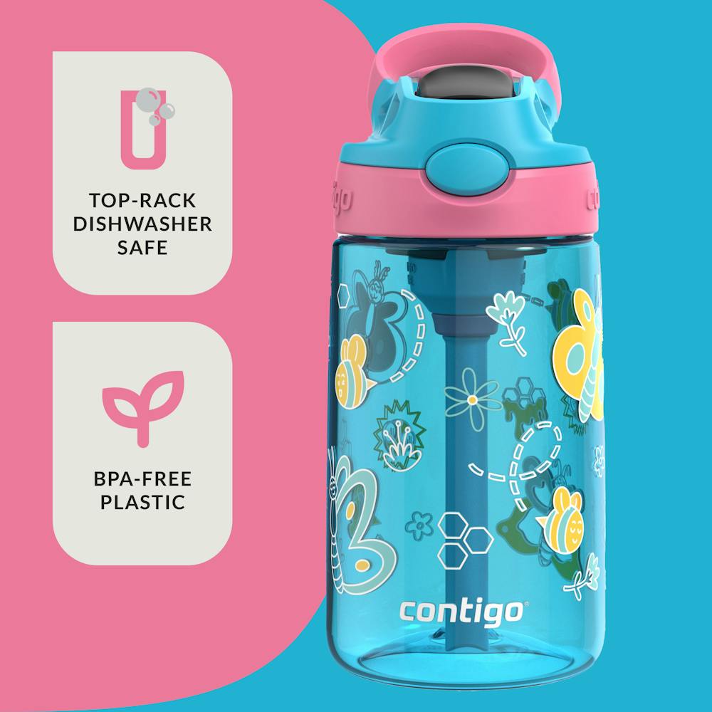 Contigo® Kids Water Bottle with Redesigned AUTOSPOUT® Straw, 14 oz - Blue Raspberry with Butterflies and Honeybees