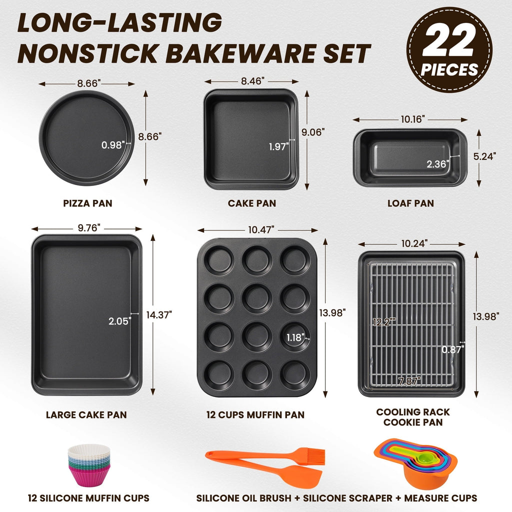Bakeware Set, 22 Pcs Carbon Steel Non-Stick Baking Pan Set, Baking Sheet for Kitchen, Muffin Pan & Cookie She...