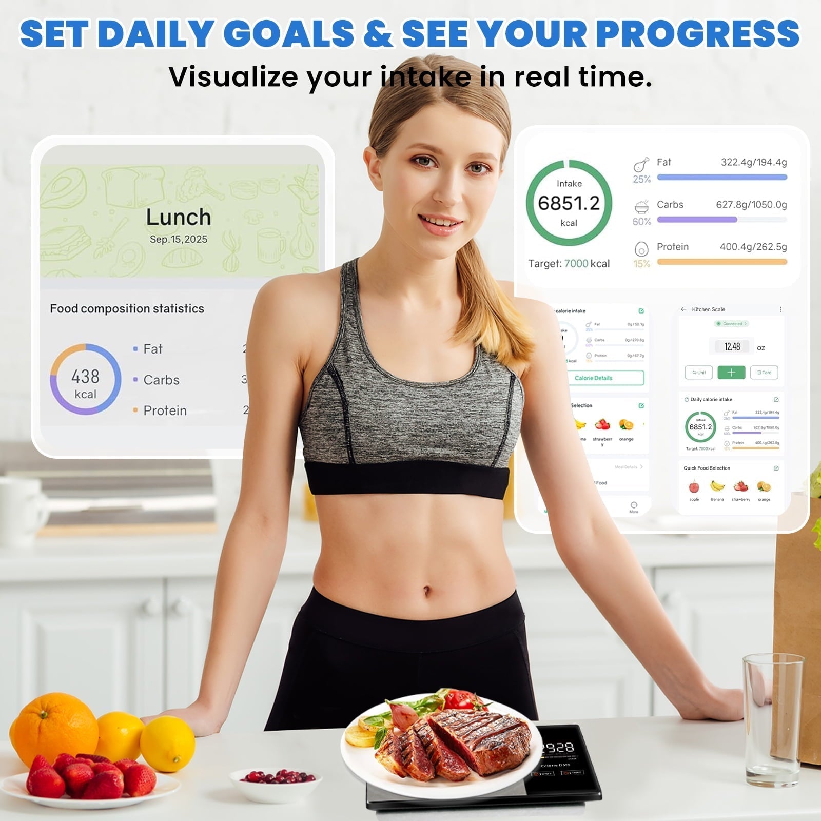 Food Scale with LED Touch Display, Tracks Calories, Fat, Carbs & Protein via App, 0.01oz Precision Di...