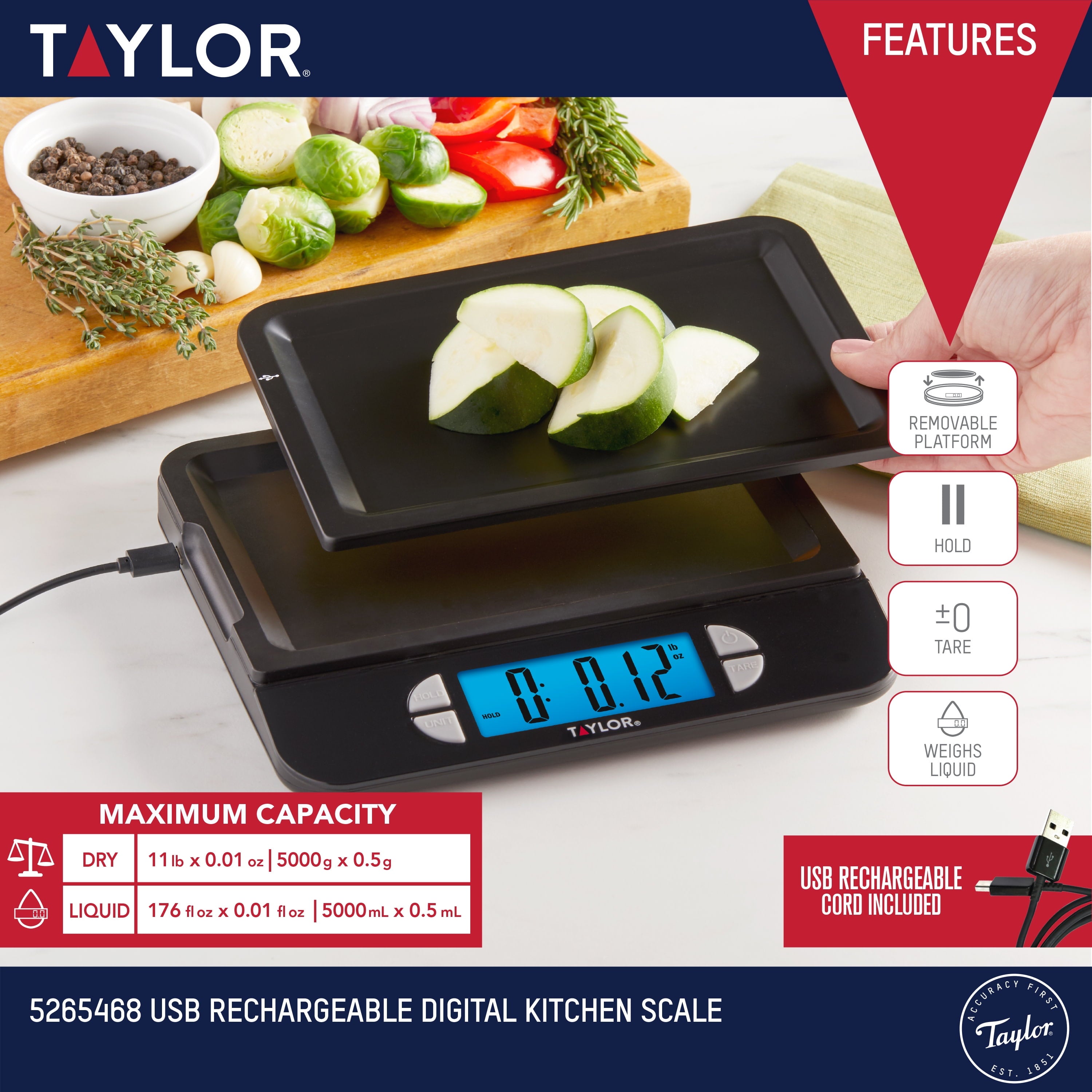 Rechargeable Precision Digital Kitchen Scale and Food Scale, 11 lb. Capacity Black