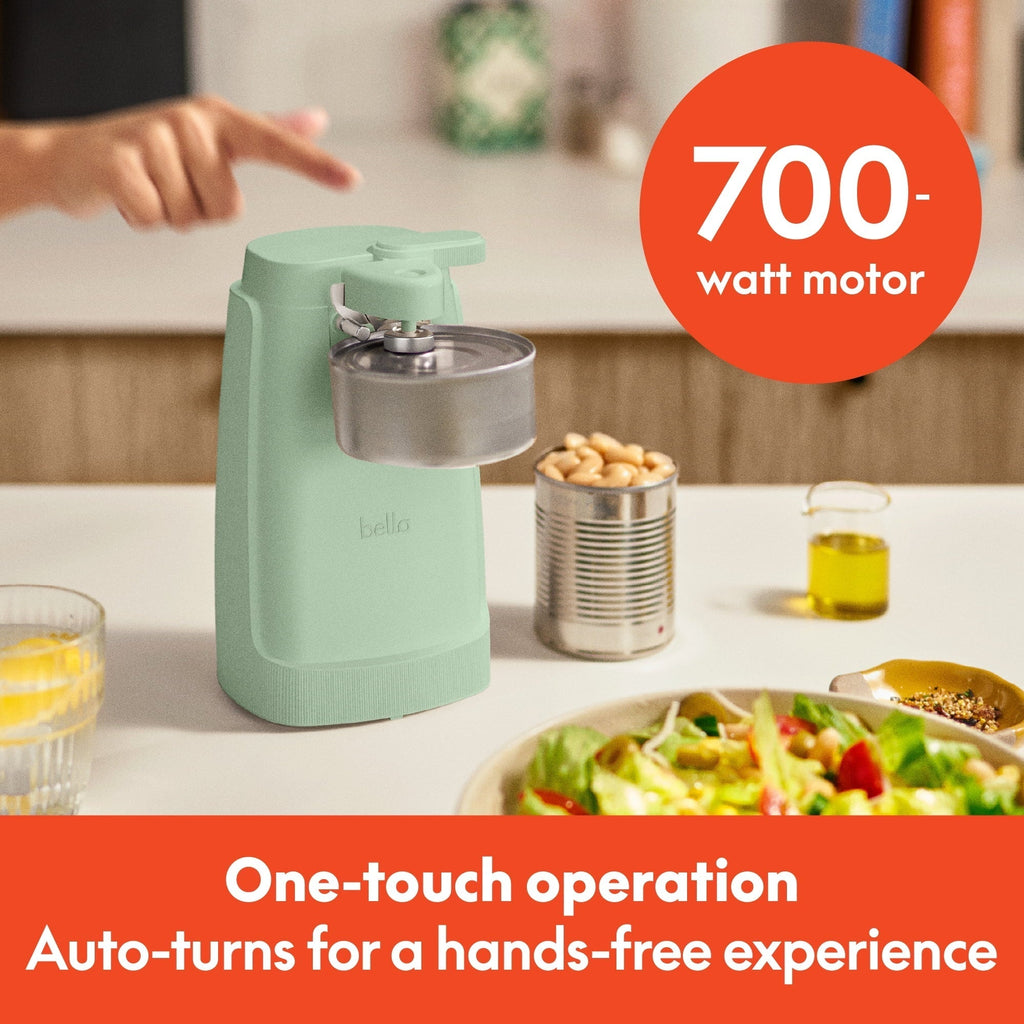 Electric Can Opener with Stainless Steel Cutting Blade and Cord Storage, Seaglass