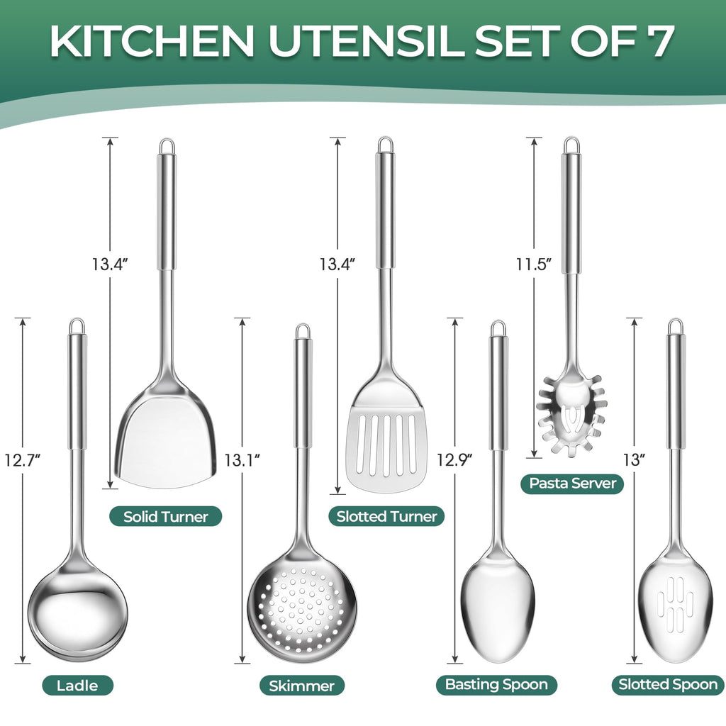 Kitchen Utensils Set, 7 PCS Stainless Steel Cooking Tools, Metal Kitchen Tools Set, Heat Resistant & Dishwa...
