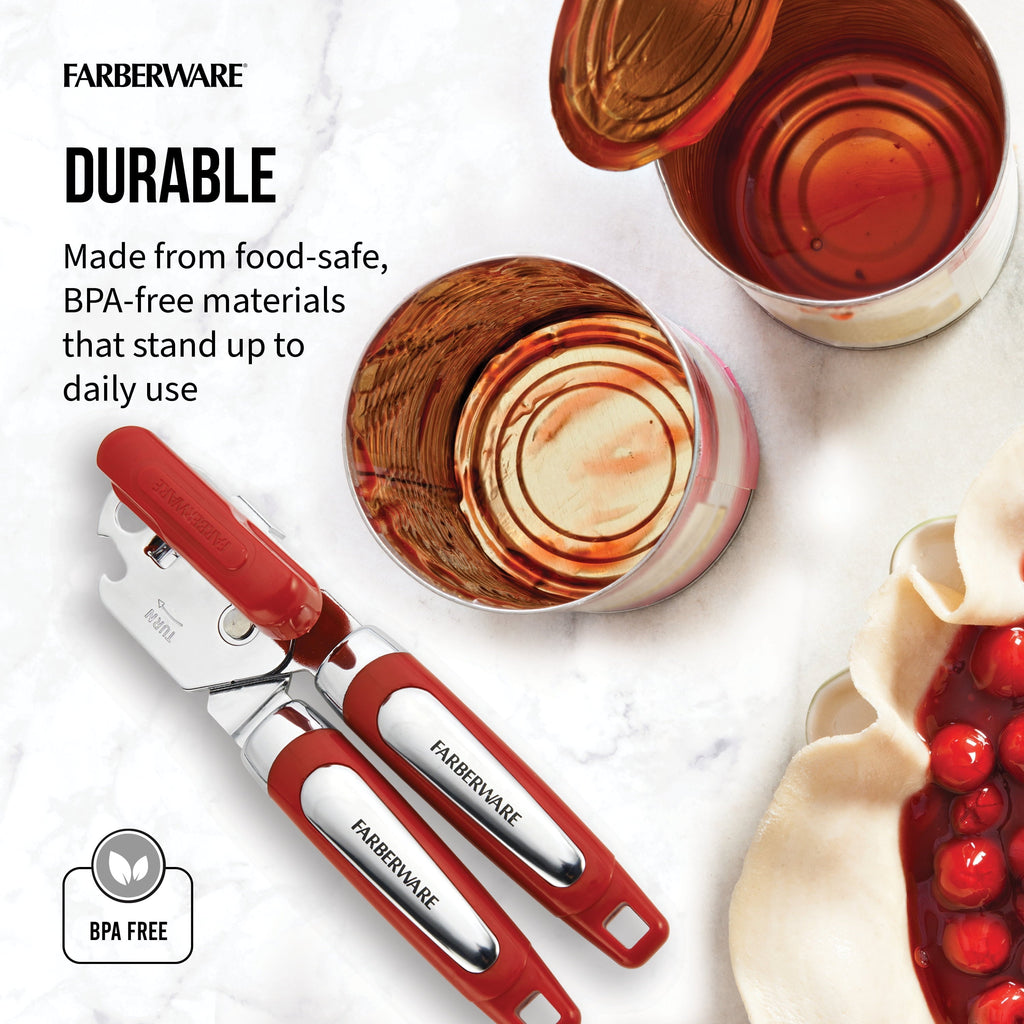 Professional Can Opener with Built-in Bottle Opener in Red