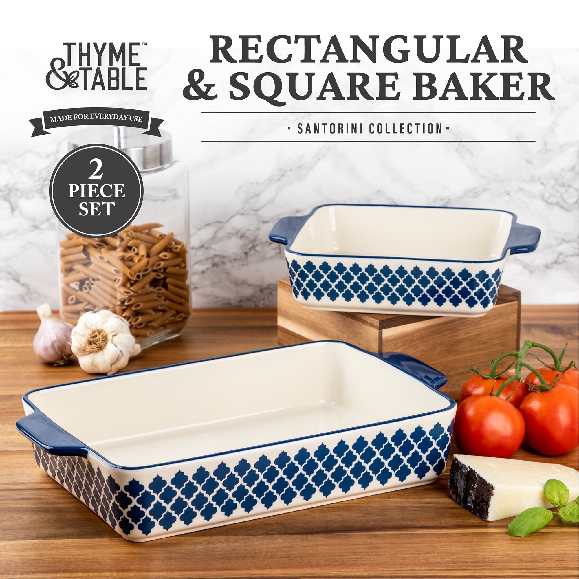 Stoneware Square & Rectangular Baker, Blue Pattern, 2-Piece Set